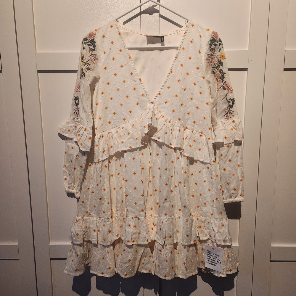 ASOS DESIGN White Floral Embroidered Tiered Mini Dress, Women Size 0, Boho